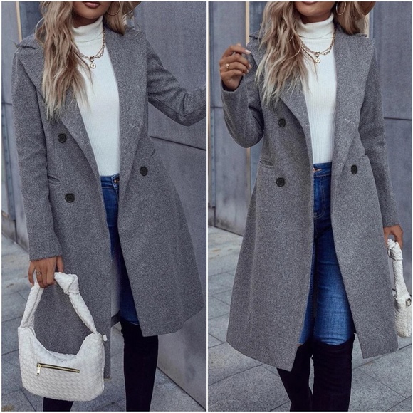 Classic Charcoal Double Breasted Button up Jacket Coat - Picture 6 of 8